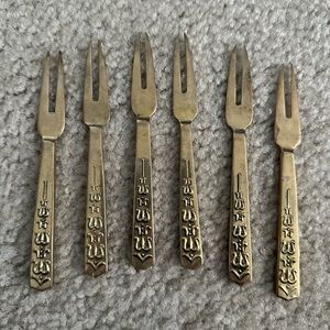 Vintage 4.5” Appetizer Hors D' Oeuvre Olive Pickle Forks Set of Six (6) Brass